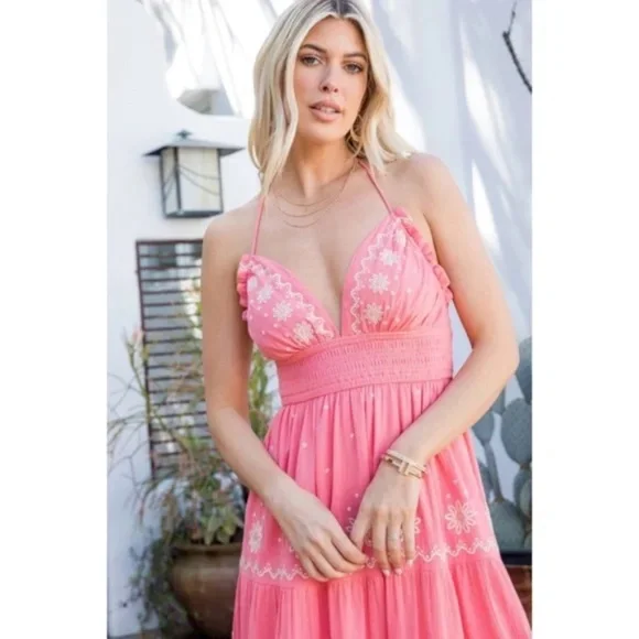 Rose Embroidered Floral Smocked Waist Gauze Summer Casual Halter Maxi Dress - Picture 3 of 5